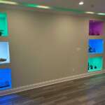 The Basic Basement Co. - Finished Basement with a Full Bathroom, Bar, Coretec ProPlus Tressle Pine Flooring, and Sherwin-Williams Evening Shadow wall paint, Drift of Mist wall paint, and Sea Salt wall paint - Monroe Township, New Jersey - February 2024